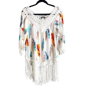 Vivid Imposters of NY Boho Aztec feather and fringe 3/4 blouse/ coverup size M